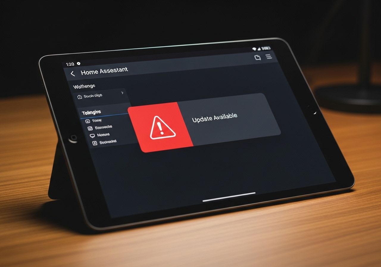 Tablet mit Home Assistant Dashboard und Warnsymbol, das die Gefahr von Update Problemen und Breaking Changes verdeutlicht.