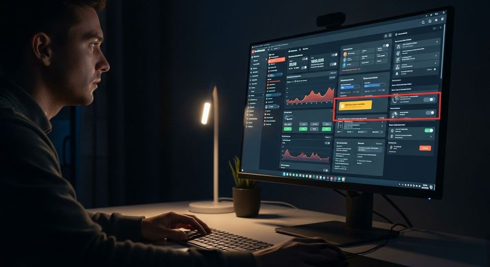 Ein Tech-Experte analysiert Home Assistant Update Probleme auf einem Monitor, um einen Guide gegen Breaking Changes zu erstellen.