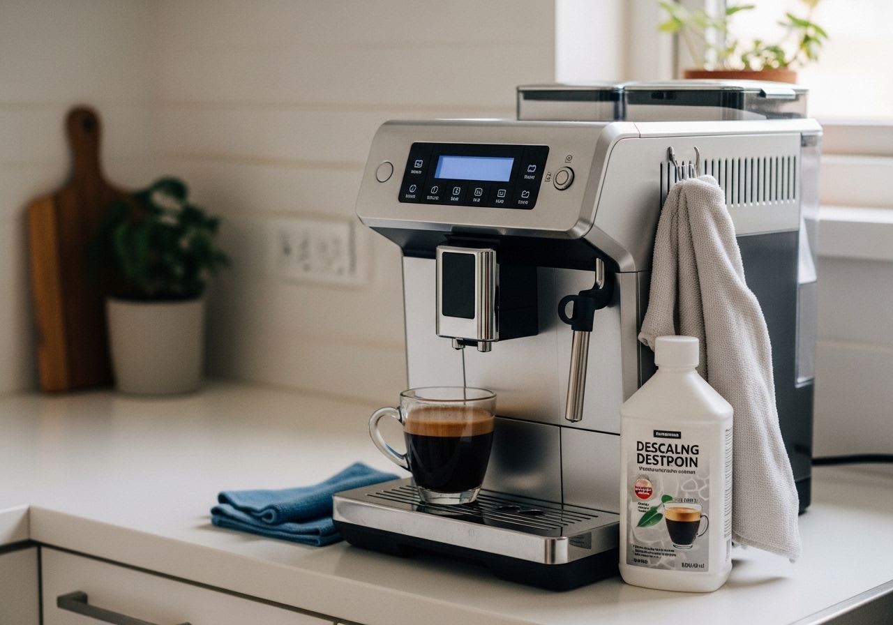 Anleitung zum DeLonghi Magnifica entkalken: Kaffeevollautomat mit Entkalker-Flasche auf einer sauberen Küchentheke.