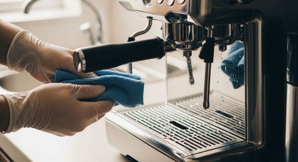 Sorgfältiges Reinigen eines Kaffeevollautomaten von Jura oder De'Longhi mit einem Mikrofasertuch für optimale Sauberkeit.