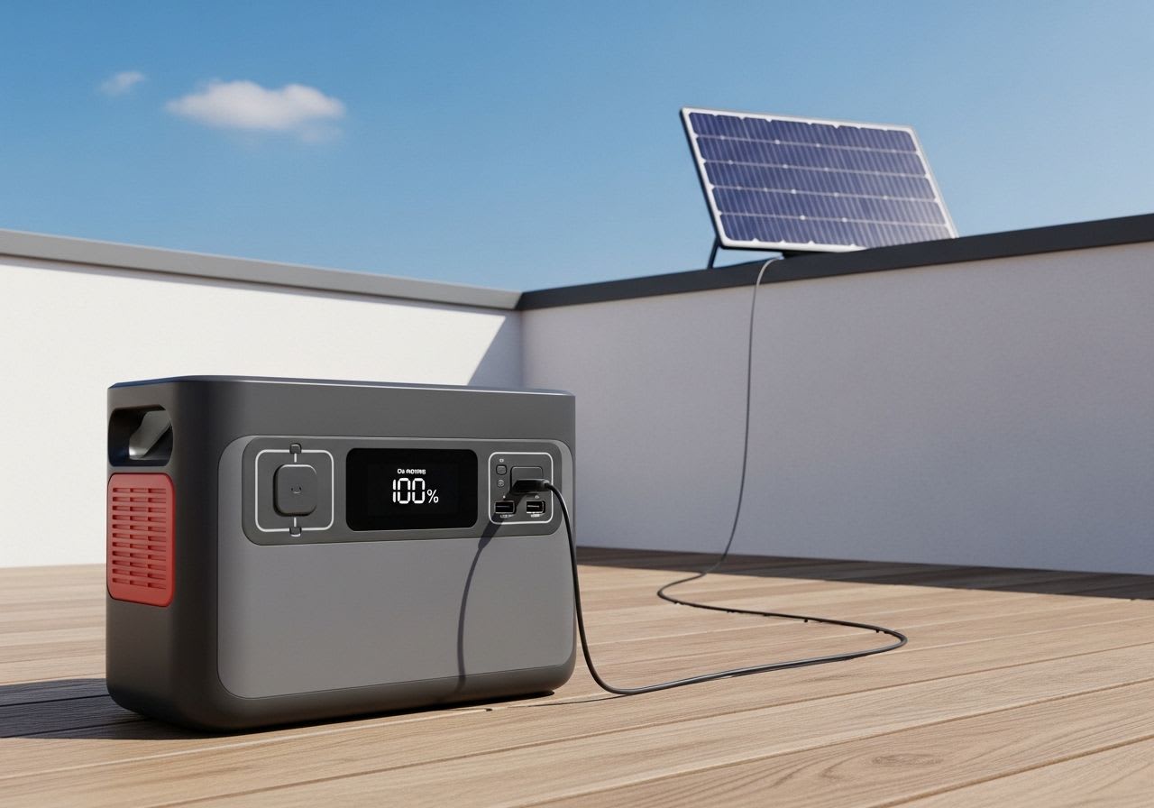 Die Anker Solix C2000 Gen 2 Powerstation im Test, wird über ein Solarmodul eines Balkonkraftwerks geladen.
