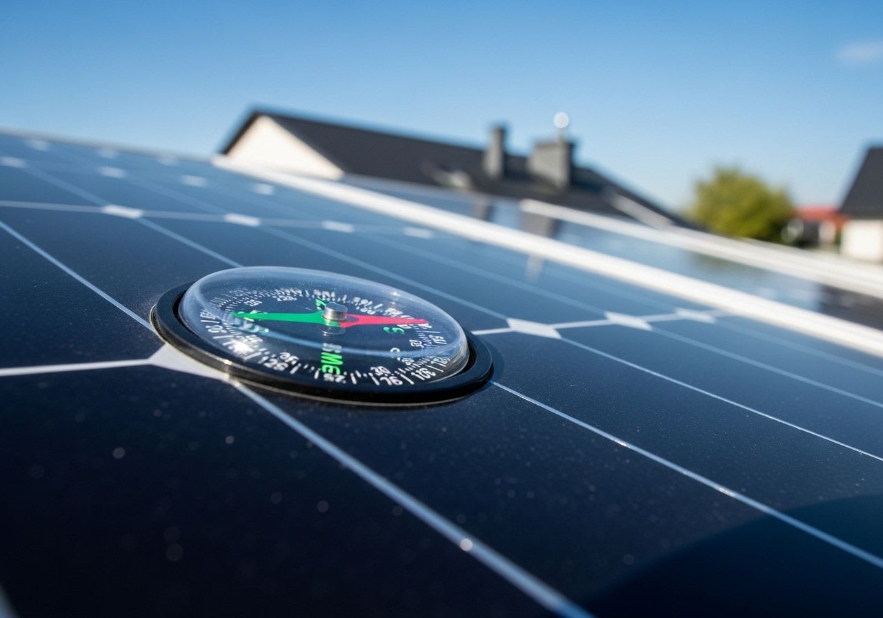 Eine Kompassrose auf einem Solarmodul symbolisiert die optimale Solaranlage Ausrichtung für den höchsten Ertrag.