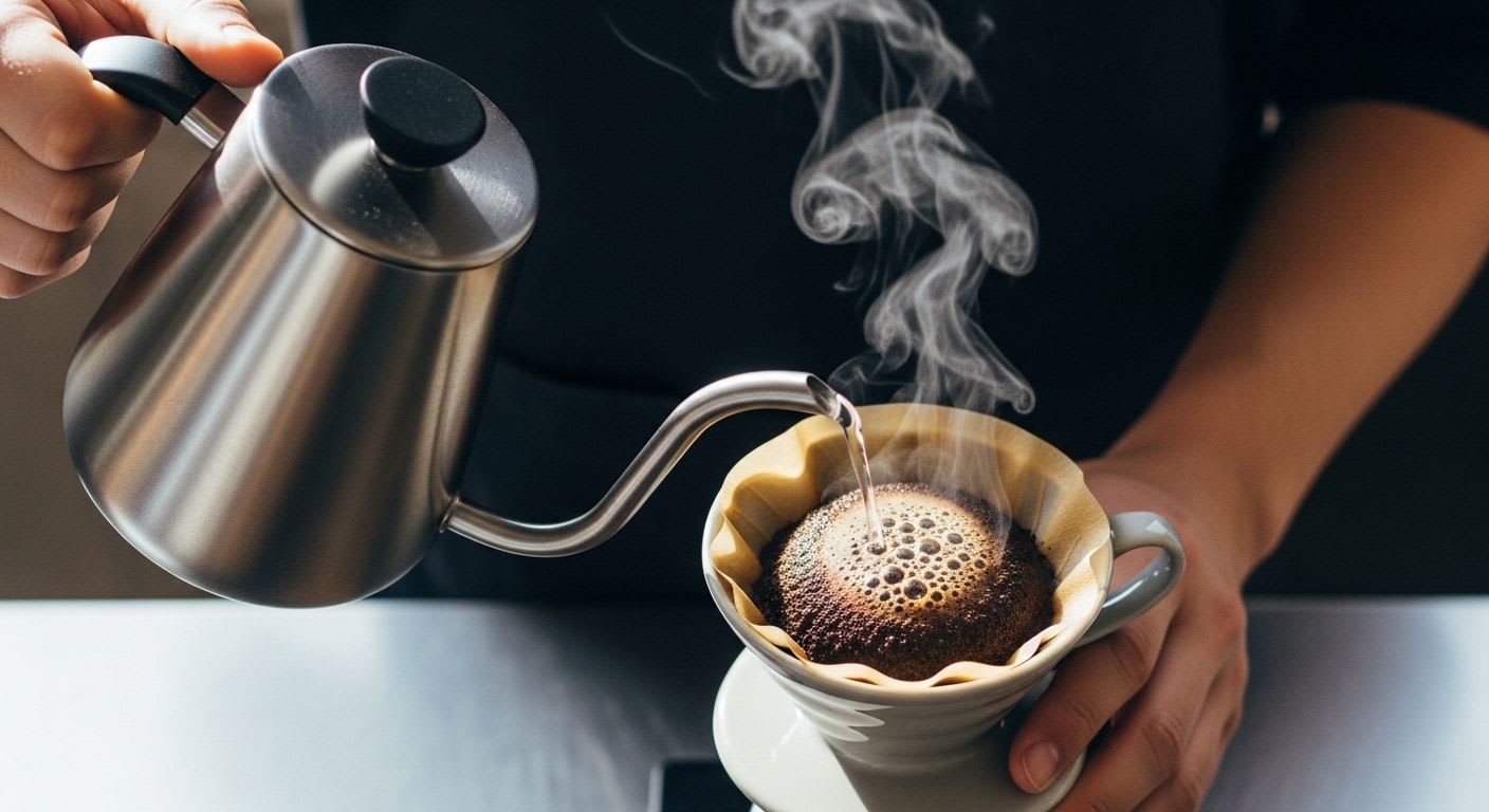 Barista startet das Blooming für Filterkaffee, ein entscheidender Schritt der Preinfusion für ein volles Aroma.