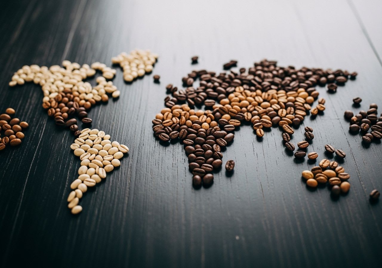 Weltkarte aus Kaffeebohnen als Symbol für die verschiedenen Kaffeeanbaugebiete der Welt und ihre Aromenvielfalt.