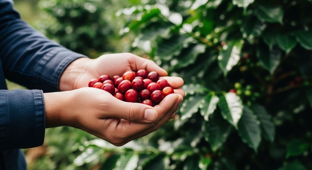 Hände eines Kaffeebauern halten sorgfältig ausgewählte Kaffeekirschen für einen einzigartigen Microlot Kaffee.