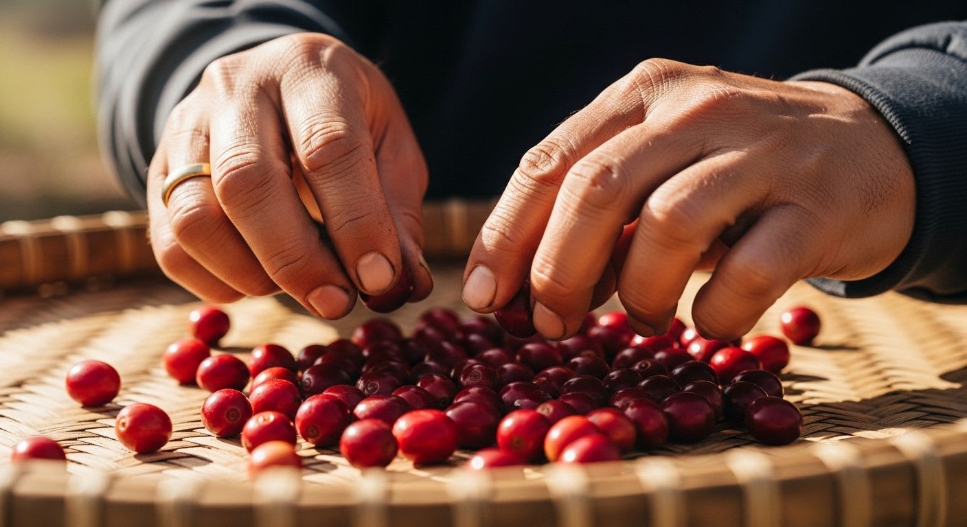Hände sortieren von Hand gepflückte Kaffeekirschen, um die hohe Qualität für einen einzigartigen Microlot Kaffee sicherzustellen.