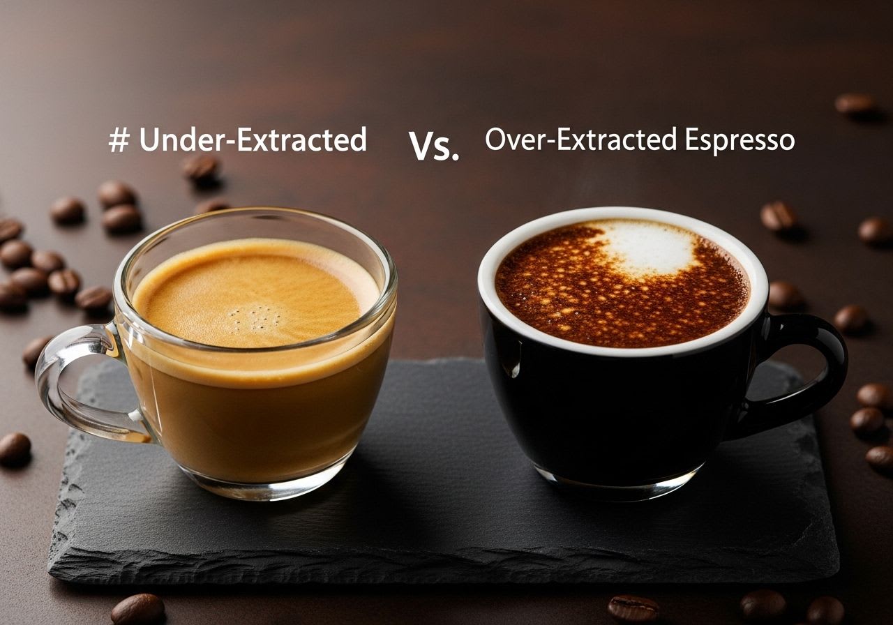 Zwei Espressi, die den Unterschied zwischen Säure vs. Bitterkeit durch Unter- und Überextraktion im Kaffee verdeutlichen.