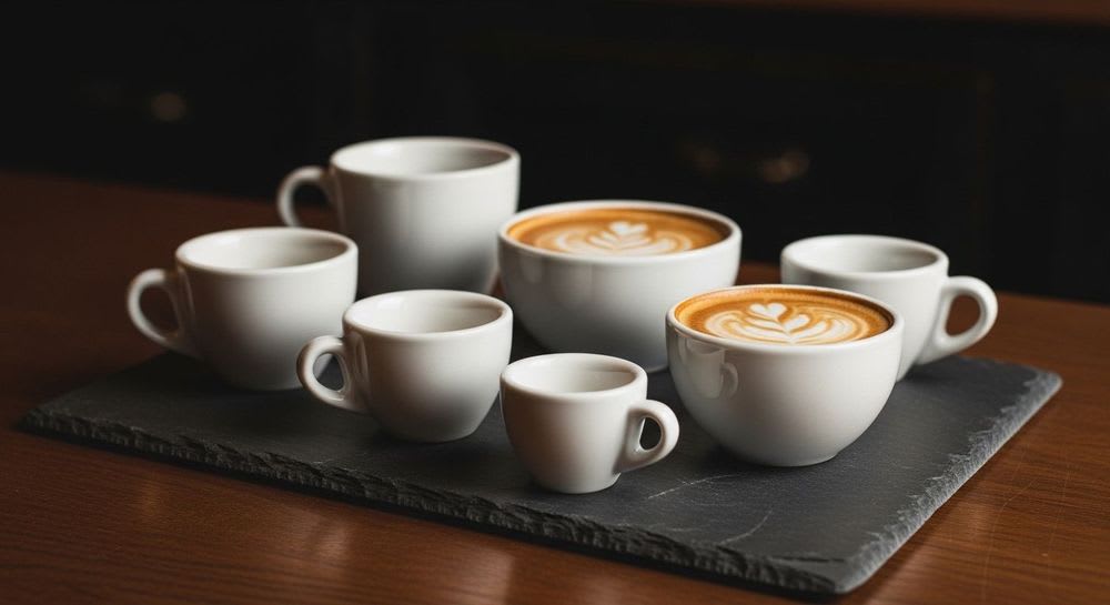 Tassen-Guide für Kaffee: Auswahl verschiedener Kaffeetassen für Espresso, Cappuccino und Flat White von oben fotografiert.