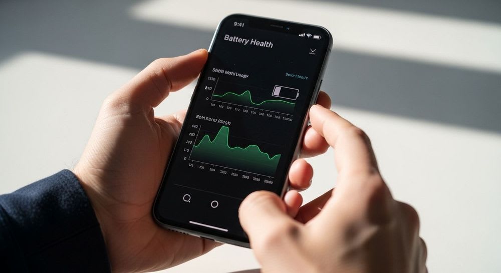 Eine Person prüft die Akkunutzungsstatistik auf dem iPhone Display, um die Ursachen für 'iPhone Akku schnell leer' zu finden.