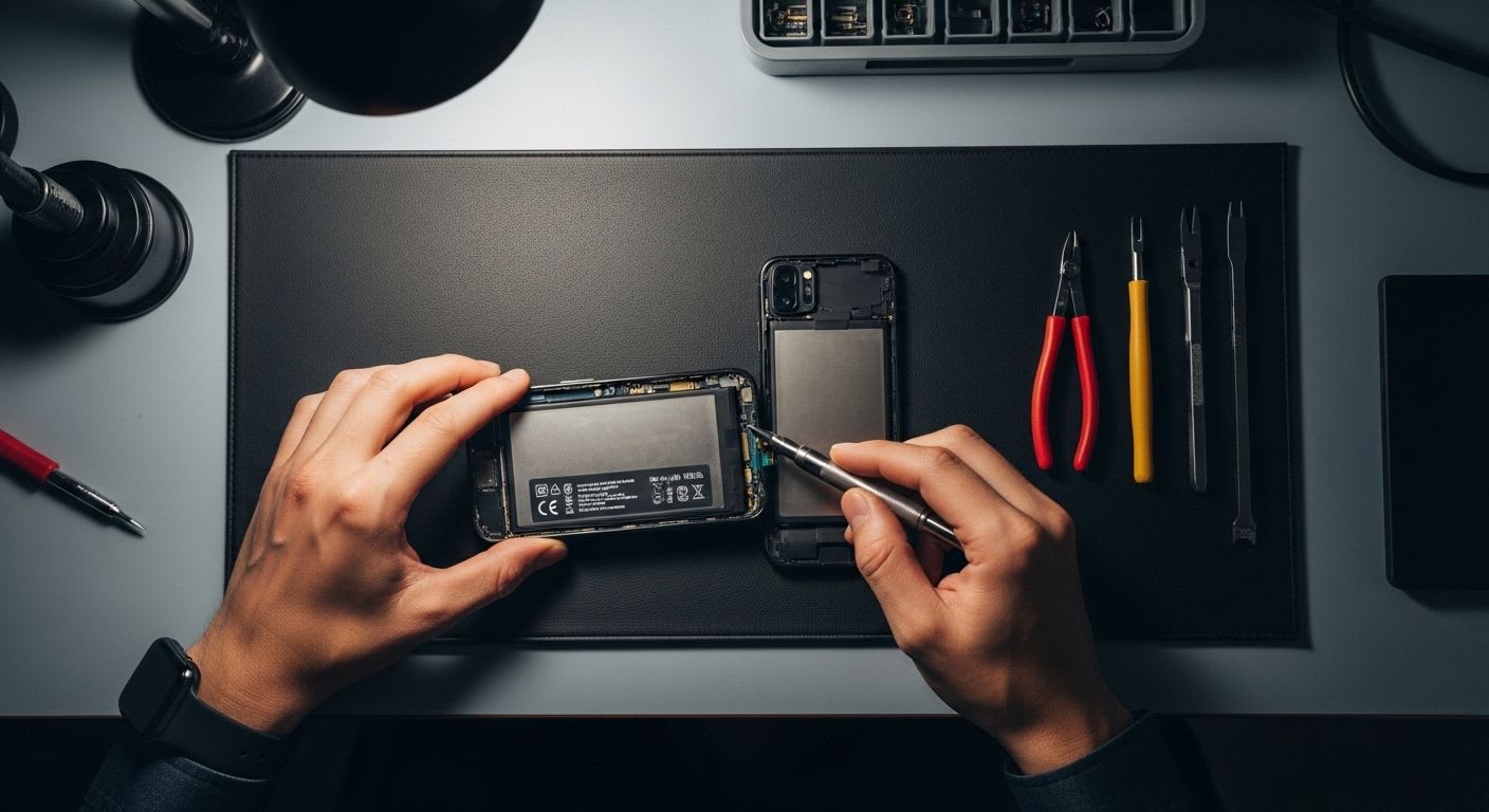 Hände eines Technikers beim Akkutausch an einem geöffneten iPhone als Lösung für einen schnell leeren Akku und schwache Leistung.