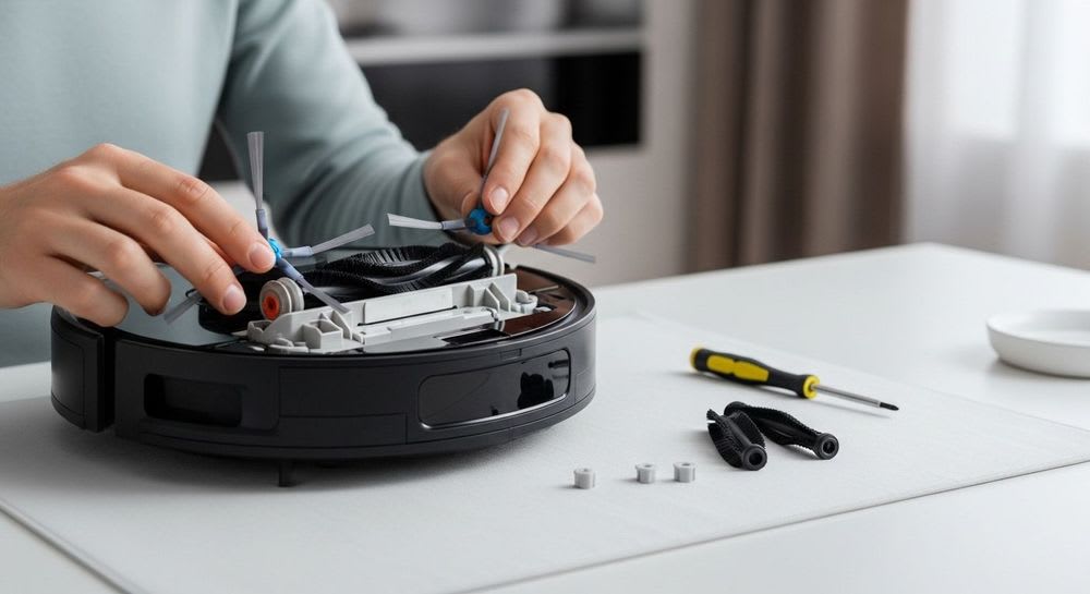 Eine Person führt eine Wartung durch und tauscht Roomba iRobot Ersatzteile wie die Hauptbürsten am Saugroboter aus.