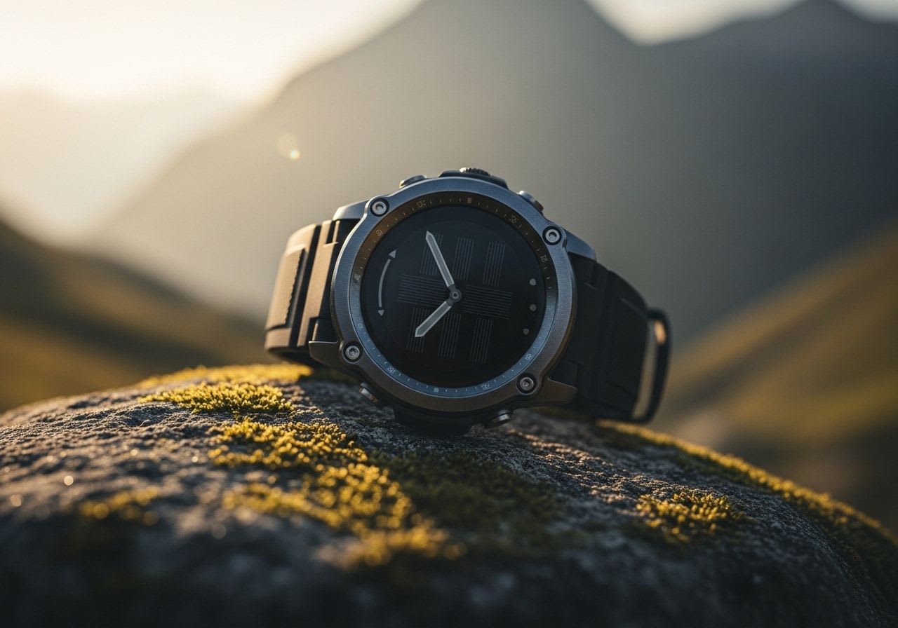 Nahaufnahme der Garmin Fenix 8 Solar auf einem Felsen, die das robuste Design und die innovative Solar-Lünette zeigt.