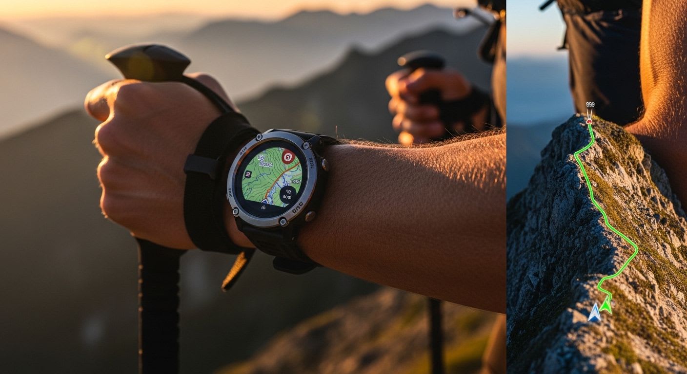 Ein Outdoor-Enthusiast navigiert mit der Garmin Fenix 8 Solar auf einem Berggipfel bei Sonnenuntergang.