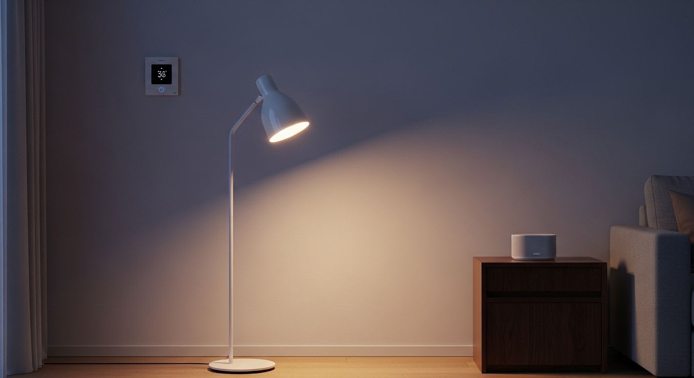 Modernes Wohnzimmer, das die einfache Funktionsweise des Matter Smart Home Standards durch verschiedene vernetzte Geräte zeigt.