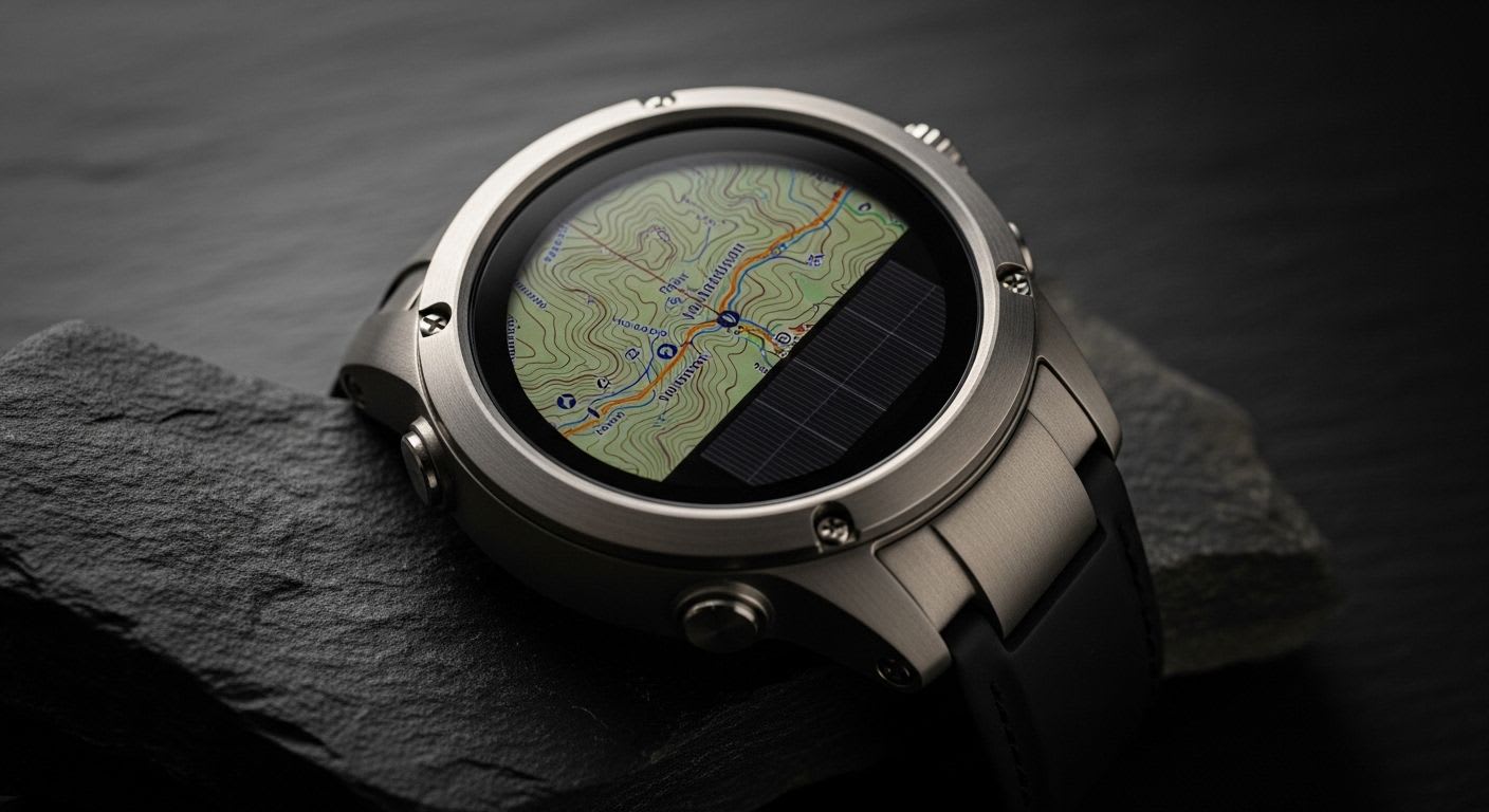 Nahaufnahme der Garmin Fenix 8 Solar auf einem Felsen, die das detaillierte Display und das robuste Titangehäuse hervorhebt.