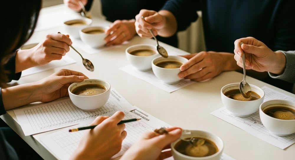 Professionelle Kaffeeverkostung als Titelbild für den Praxis-Guide zum Thema Kaffeewissen und Cupping.