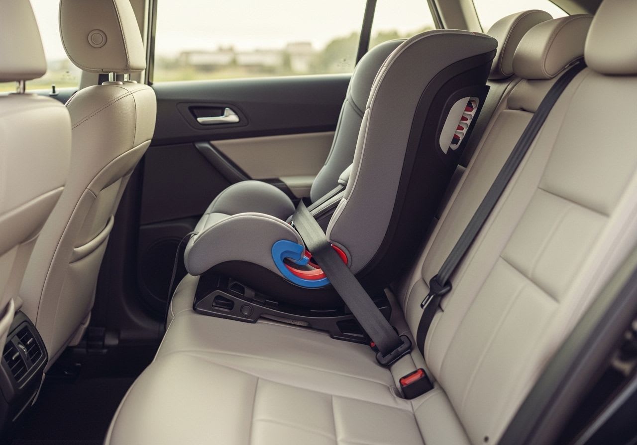 Ein Kindersitz wird mit dem Gurt befestigt, die Anleitung zeigt die korrekte Gurtführung im Auto für maximale Sicherheit.