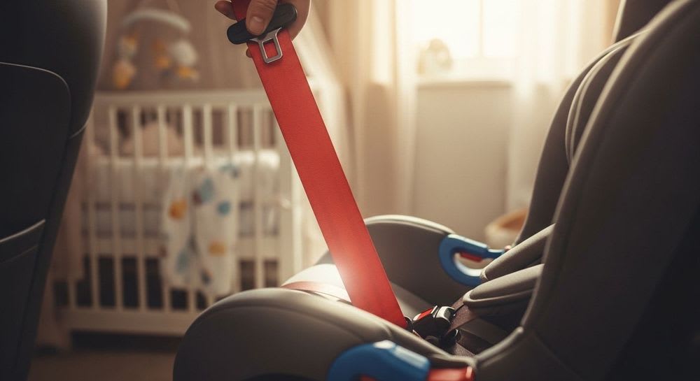 Detaillierte Anleitung, um einen Kindersitz mit dem Gurt zu befestigen, der Sicherheitsgurt wird durch die Führung gezogen.