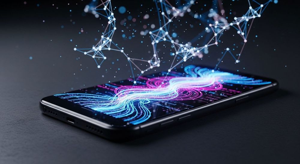 Konzeptbild des Google Pixel 10, das mit leuchtenden Linien auf dem Display die erwarteten KI-Funktionen des Tensor G5-Chips symbolisiert.