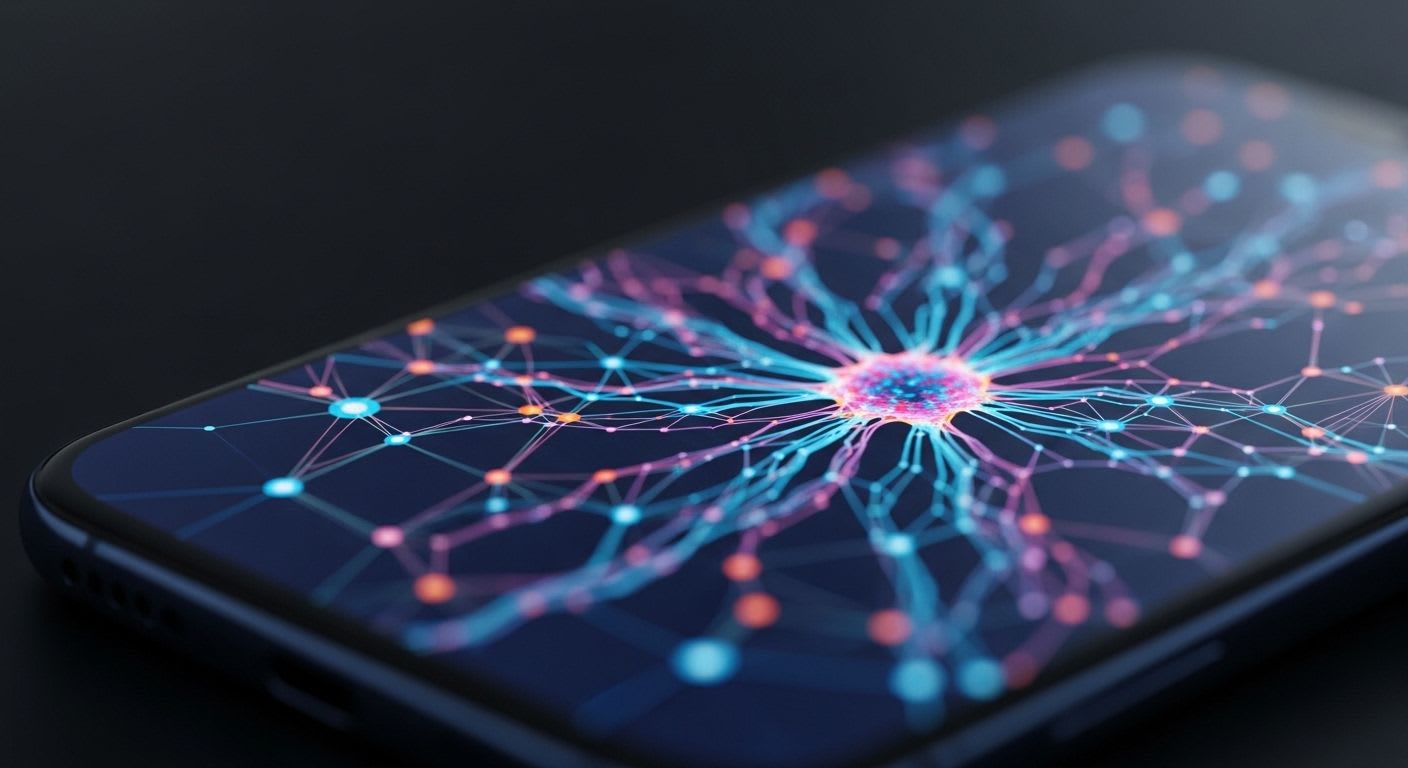 Nahaufnahme eines Smartphone-Displays, das ein leuchtendes KI-Netzwerkmuster zeigt, als Symbol für den erwarteten Google Pixel 10 Release.