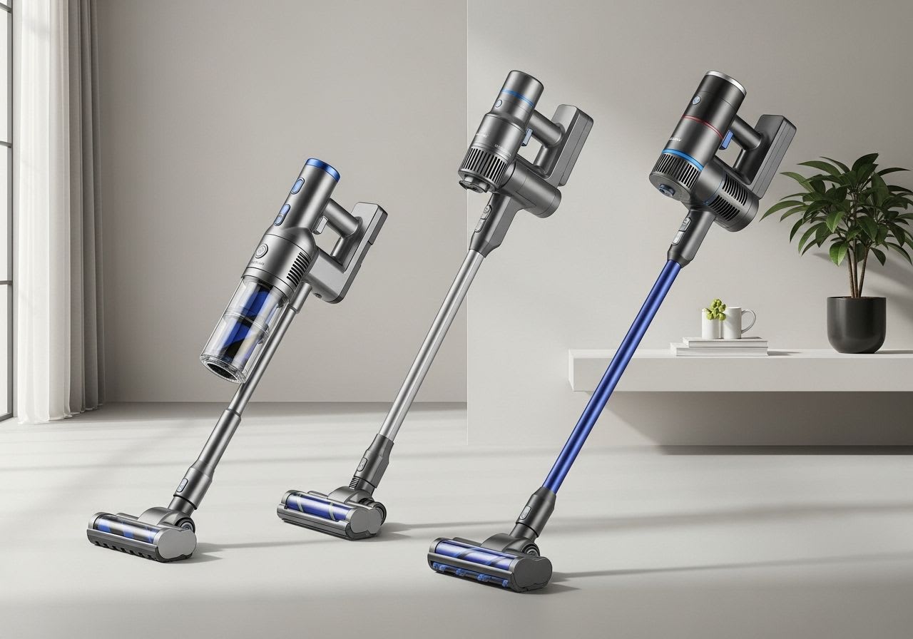 Dyson kabellos Staubsauger Modelle im Vergleich für die Kaufberatung, aufgereiht auf neutralem Hintergrund.