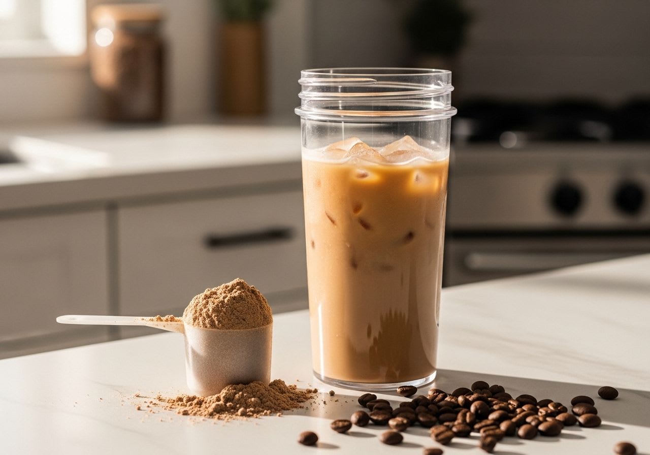 Ein Messlöffel mit dm Protein Kaffee Pulver neben einem Shaker mit cremigem Kaffeegetränk und Kaffeebohnen.