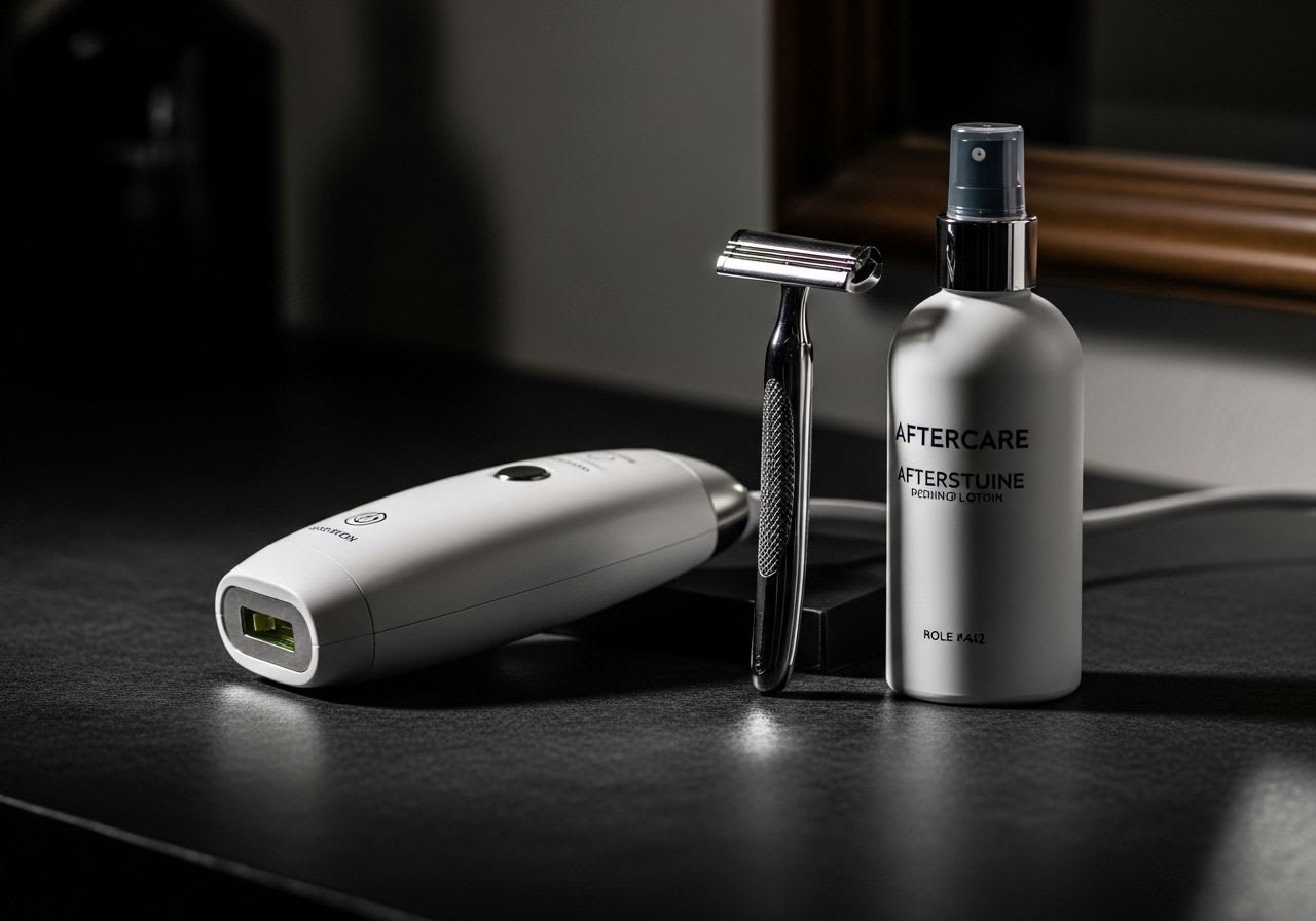 Schritt-für-Schritt-Anleitung, um ein IPL-Gerät richtig zu nutzen, mit Gerät, Rasierer und Lotion auf hellem Untergrund.