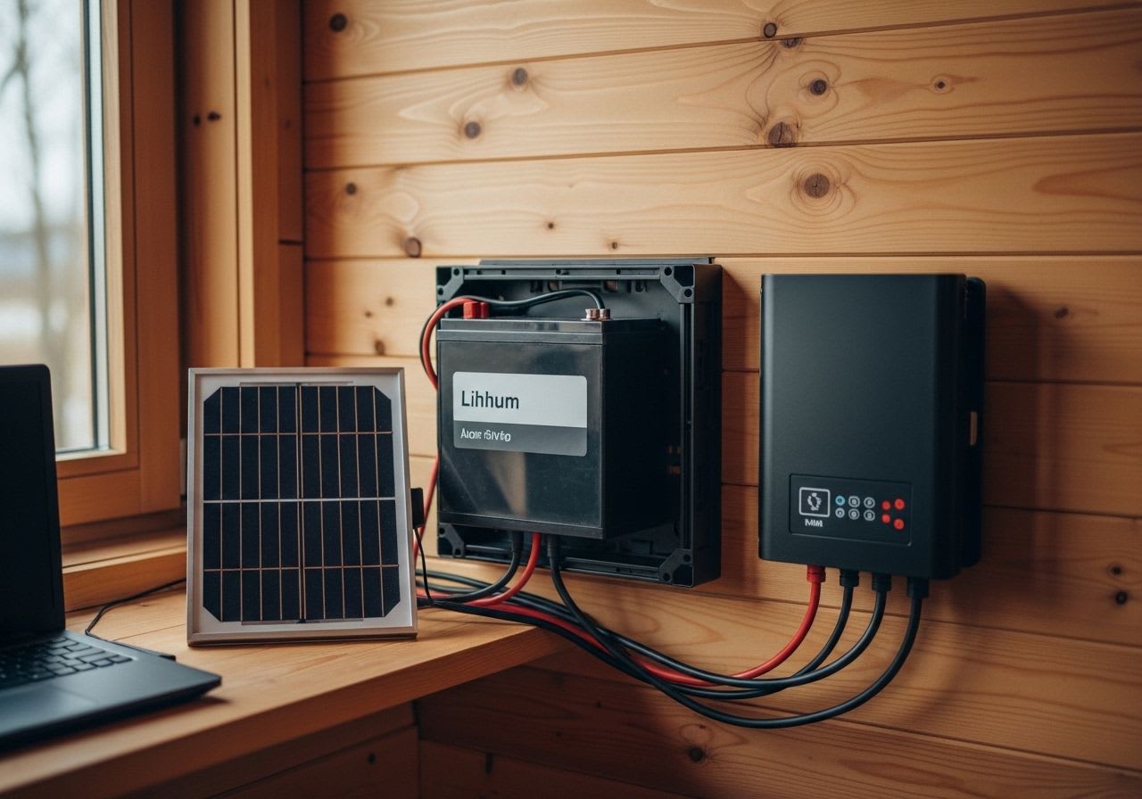 Kompaktes Offgrid-System für autarkes Leben mit Solarmodul, Batterie und Wechselrichter in einer Holzhütte.