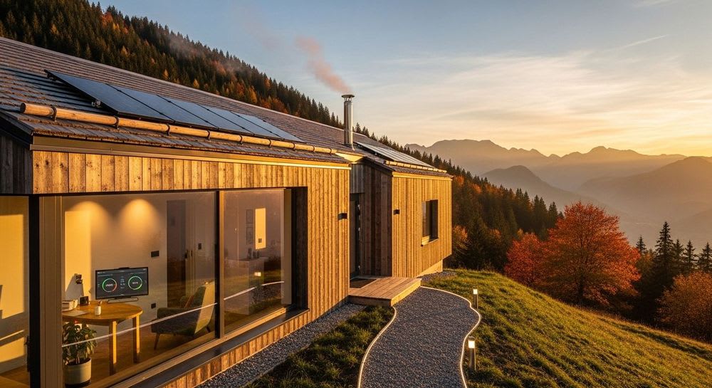Ein Leitfaden für autarkes Leben: Offgrid-System mit Solarpanels auf einem modernen Holzhaus in der Natur bei Sonnenuntergang.