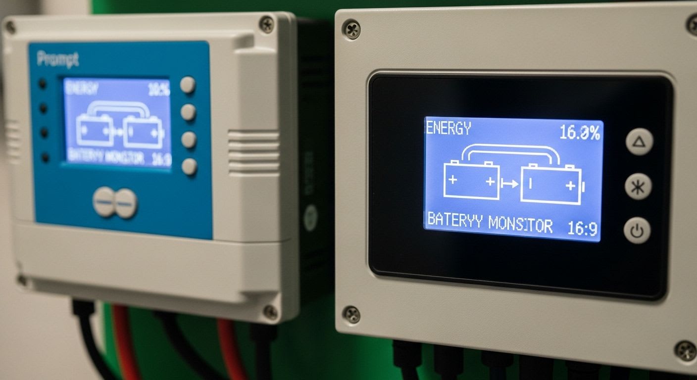 Detailansicht eines Solar-Ladereglers und Batteriemonitors, die den Energiefluss in einem Offgrid-System für autarkes Leben anzeigen.