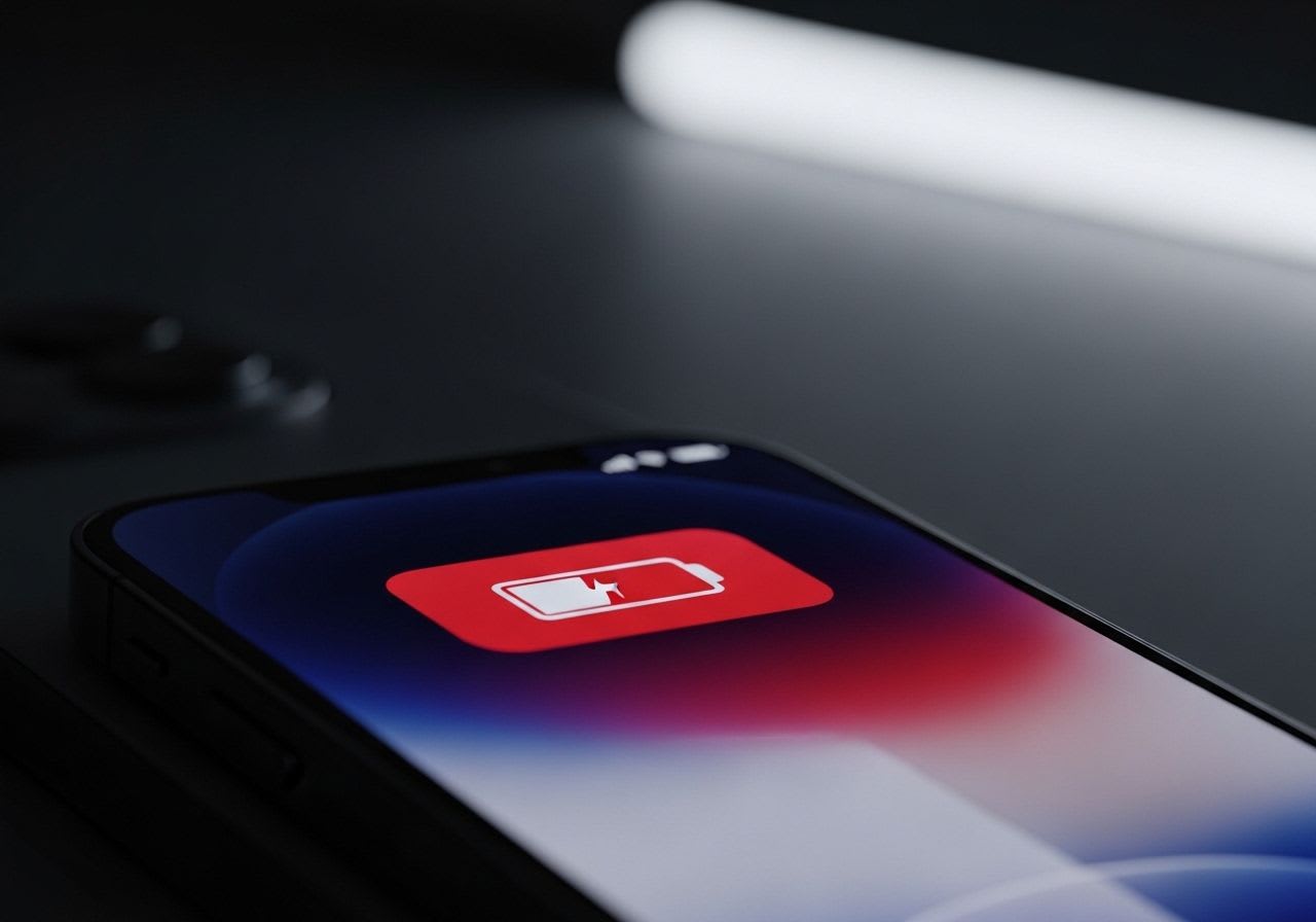 Nahaufnahme eines iPhone 15 Pro mit roter Akkuwarnung, als Symbol dafür, dass der Akku schnell leer ist.