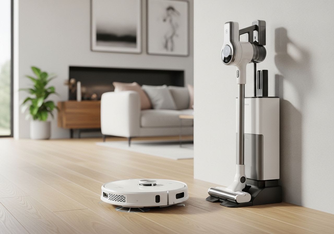 Der Roborock F25 Combo Saugroboter reinigt einen Holzboden, während der Akku-Sauger in der Ladestation im Hintergrund steht.