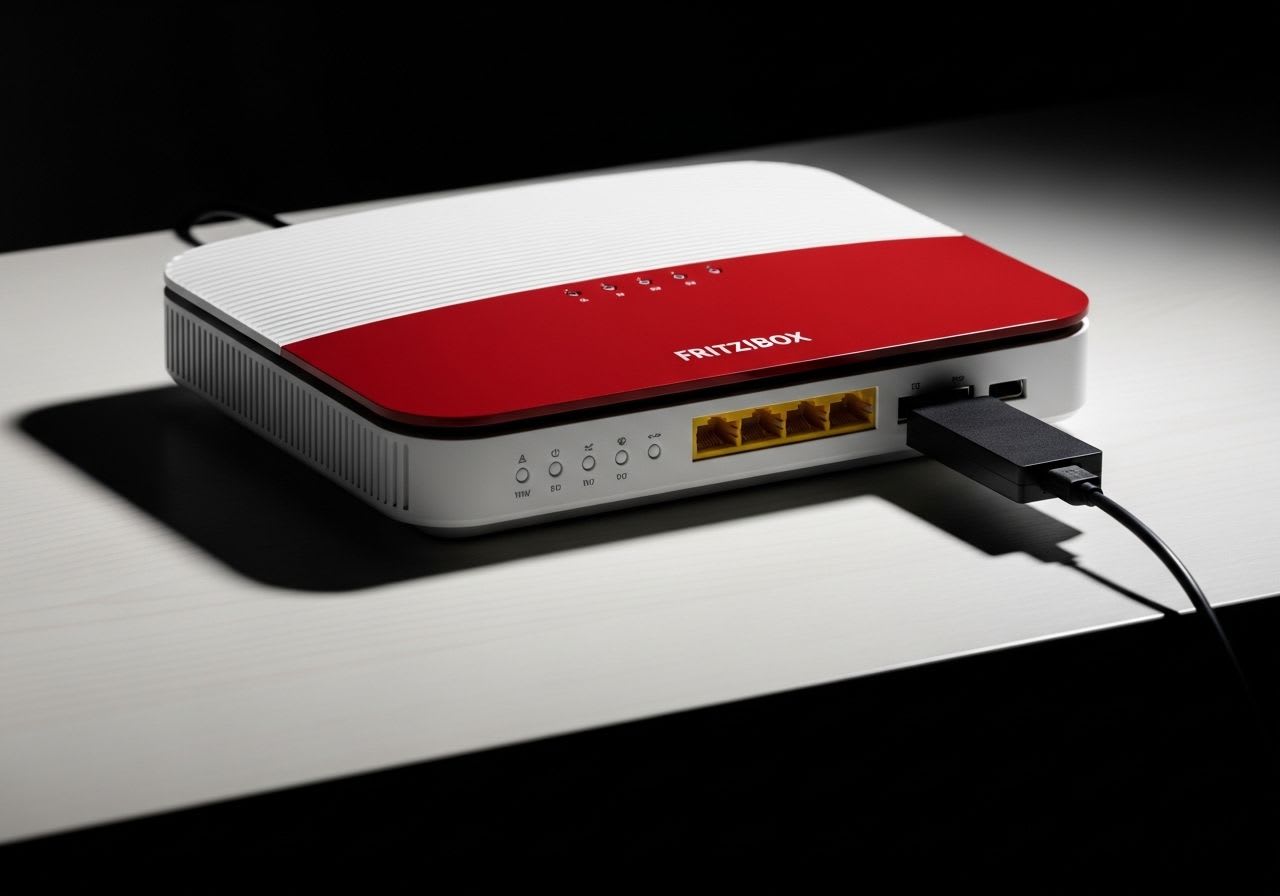 Anleitung zur FRITZ!Box NAS Einrichtung: Ein Router mit angeschlossener externer Festplatte auf einem modernen Schreibtisch.