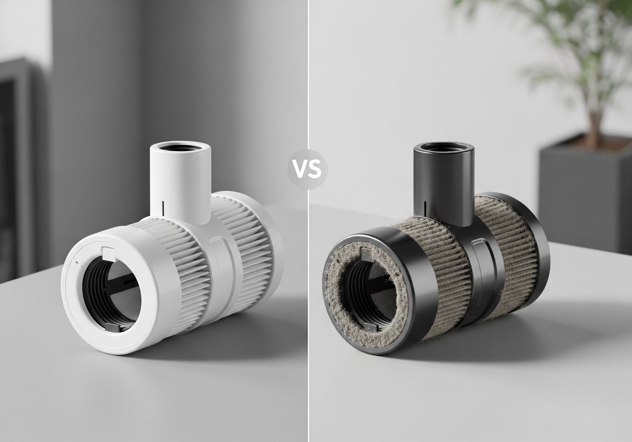 Anleitung zum Dyson Staubsauger Filter reinigen: ein direkter Vergleich zwischen einem sauberen und einem schmutzigen Filter.