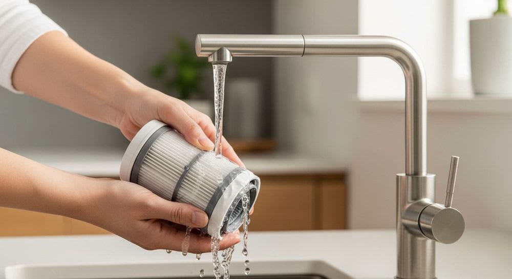 Eine Person folgt der Anleitung zum Dyson Staubsauger Filter reinigen und wäscht diesen vorsichtig unter fließendem Wasser aus.