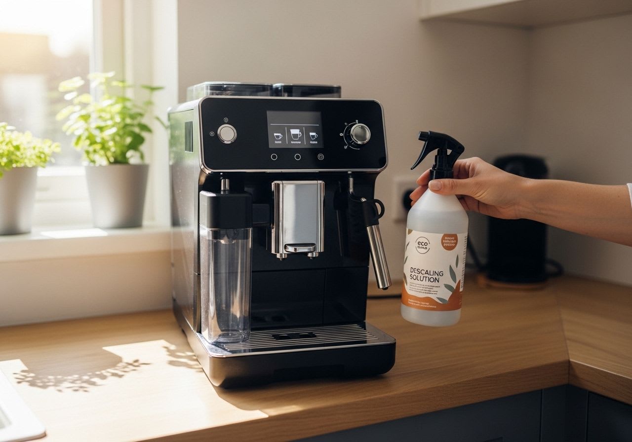 Anleitung zum Kaffeevollautomat entkalken: Maschine auf einer sauberen Küchentheke mit Entkalkerflüssigkeit.