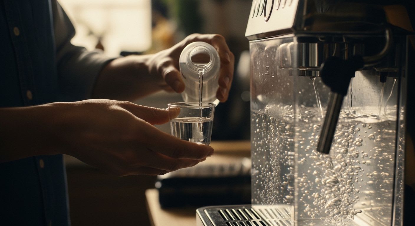 Anleitung zum Kaffeevollautomat entkalken: Hände füllen sorgfältig Entkalkungslösung in den Wassertank der Maschine.