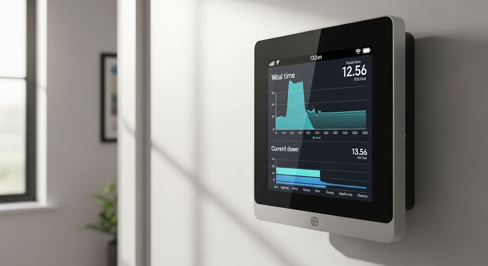 Ein moderner Smart Meter an der Wand zeigt den aktuellen Stromverbrauch in kWh an, um den Gesamtverbrauch genau zu berechnen.