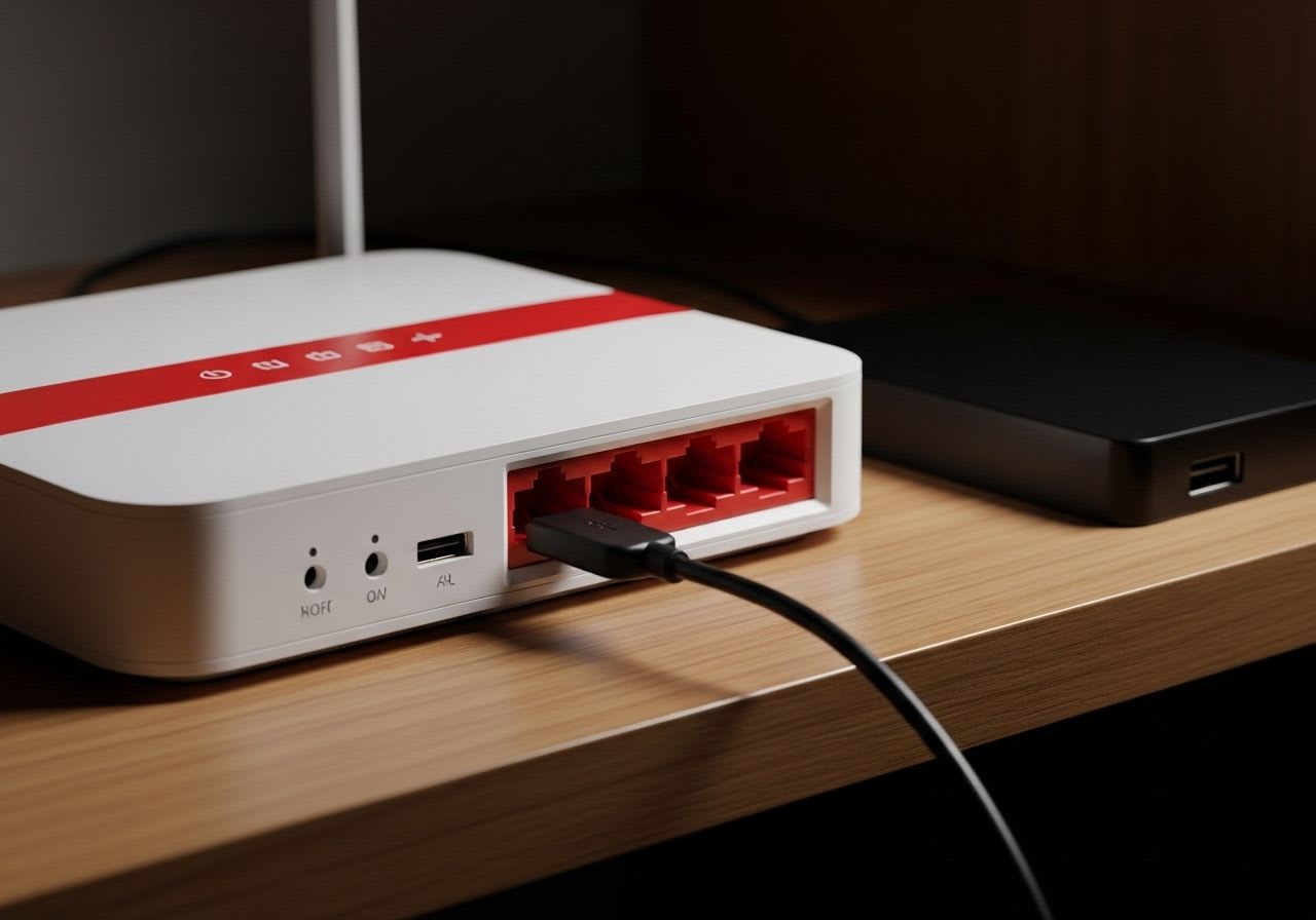 Ein moderner Router mit angeschlossener USB-Festplatte als FRITZ!NAS Speicherlösung für das Heimnetz, auf einem Holzregal platziert.