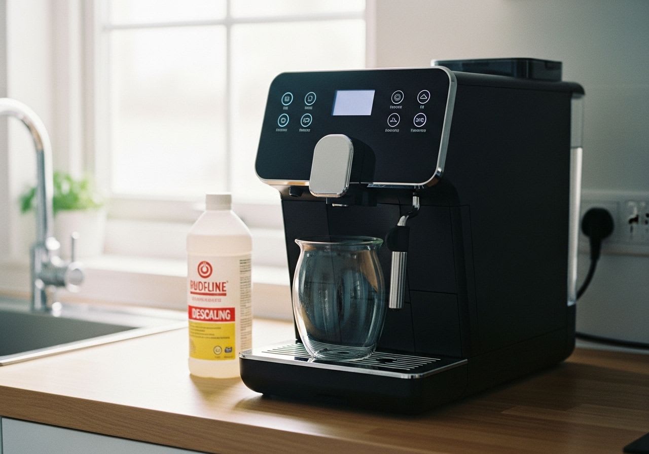 Anleitung zum Philips Kaffeevollautomat Entkalken: Maschine mit Entkalker-Flasche auf der Küchentheke.