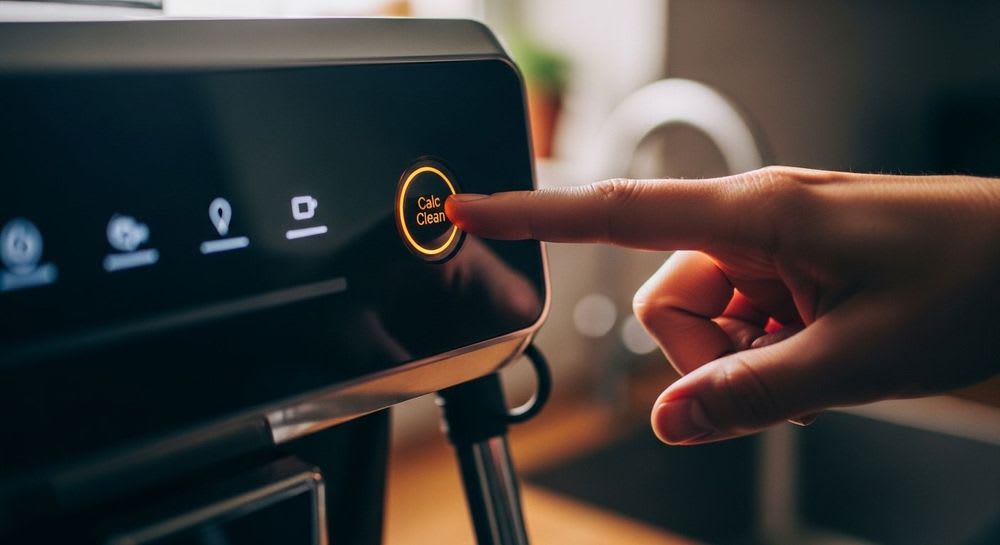 Philips Kaffeevollautomat entkalken: Eine Person startet das Entkalkungsprogramm per Knopfdruck am Display.