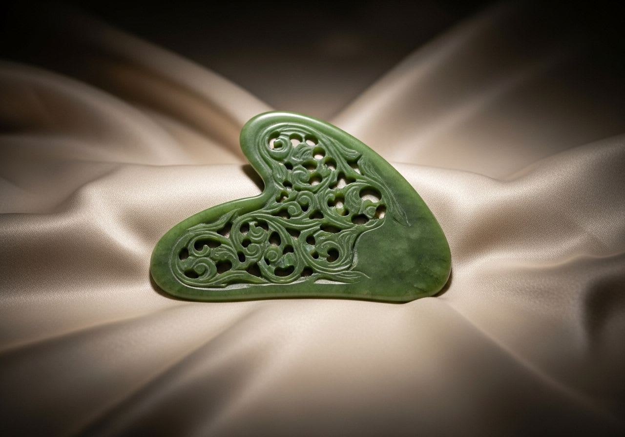 Ein traditioneller Gua Sha Stein aus Jade für die Anwendung, kunstvoll auf einem Seidentuch bei sanfter Beleuchtung präsentiert.