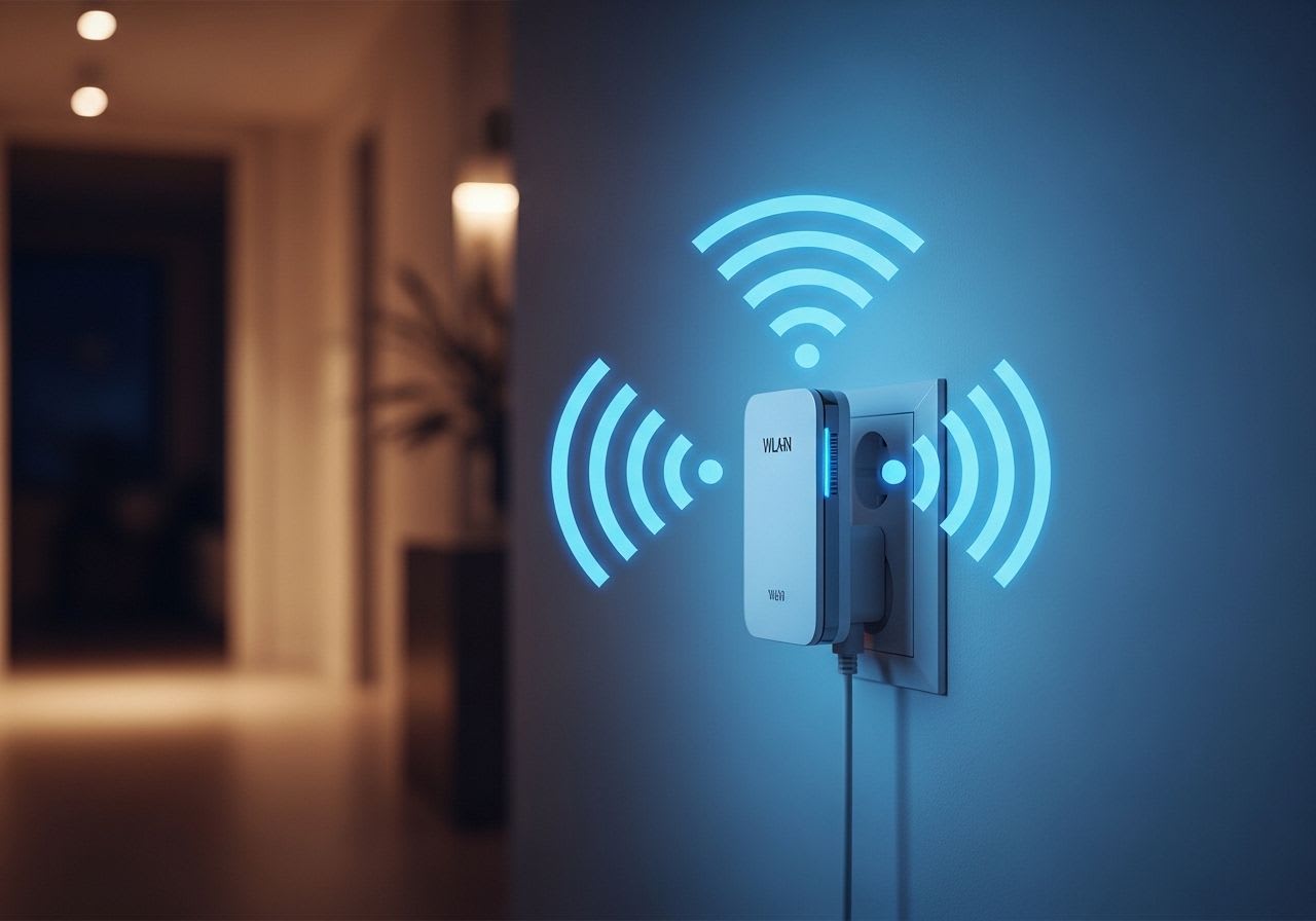 Moderner WLAN Verstärker in einer Steckdose zur Einrichtung eines starken Heimnetzwerks ohne störende Funklöcher.