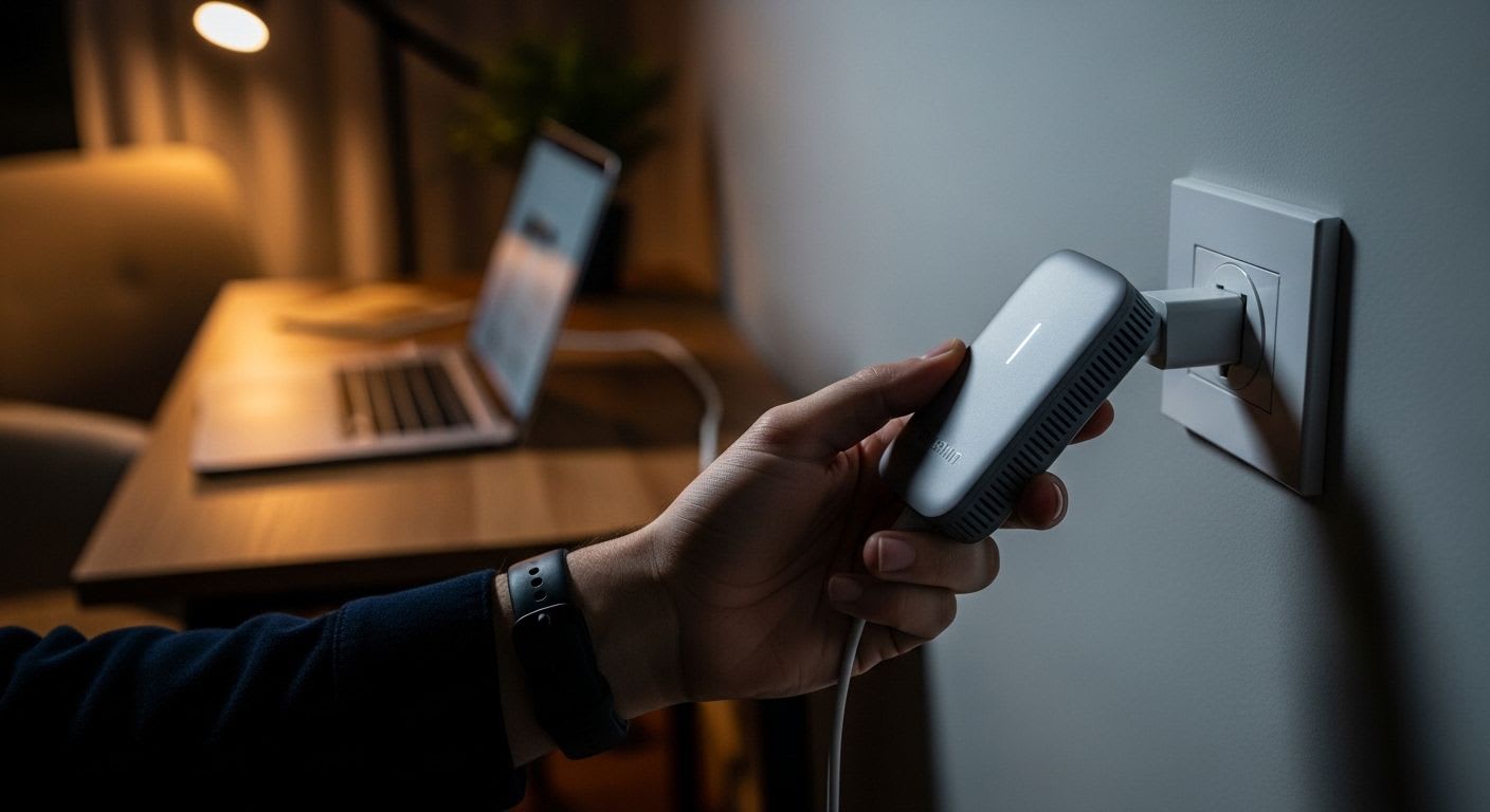 Eine Person beginnt damit, einen WLAN Verstärker einzurichten, indem sie ihn in eine Steckdose steckt, um das Signal im Home Office zu verbessern.