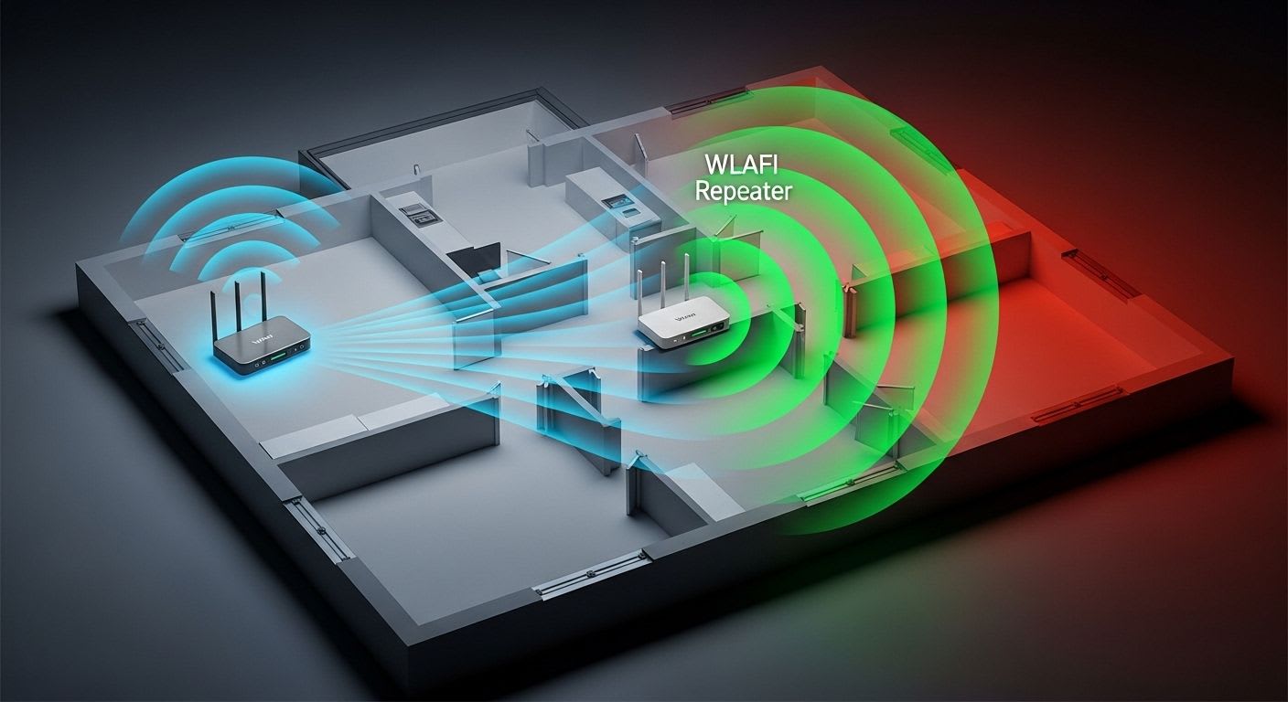 Diagramm zur optimalen Platzierung eines WLAN Verstärkers zwischen Router und Funkloch, um die Signalstärke im Haus zu verbessern.