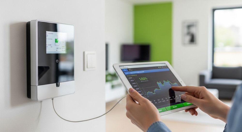 Die Smart Meter Pflicht in Deutschland: Eine Person analysiert den Stromverbrauch über ein Tablet vor einem intelligenten Stromzähler.