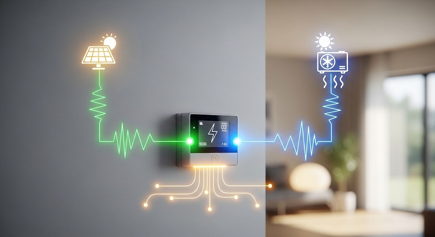 Ein Smart Meter als zentraler Punkt für Energieflüsse von PV-Anlage und Wärmepumpe im intelligenten Stromnetz.