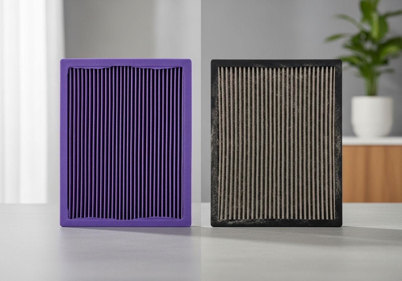 Ein sauberer und ein schmutziger Filter für einen Dyson Staubsauger, die den Erfolg des Filter-Reinigens zeigen.