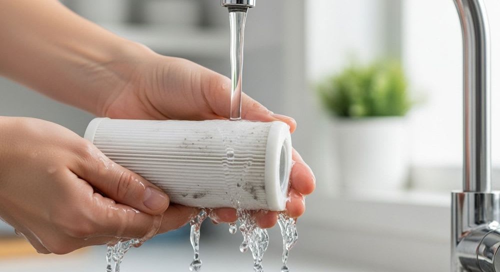 Eine Person führt die Schritt-für-Schritt-Anleitung zum Dyson Staubsauger Filter reinigen durch und wäscht ihn aus.
