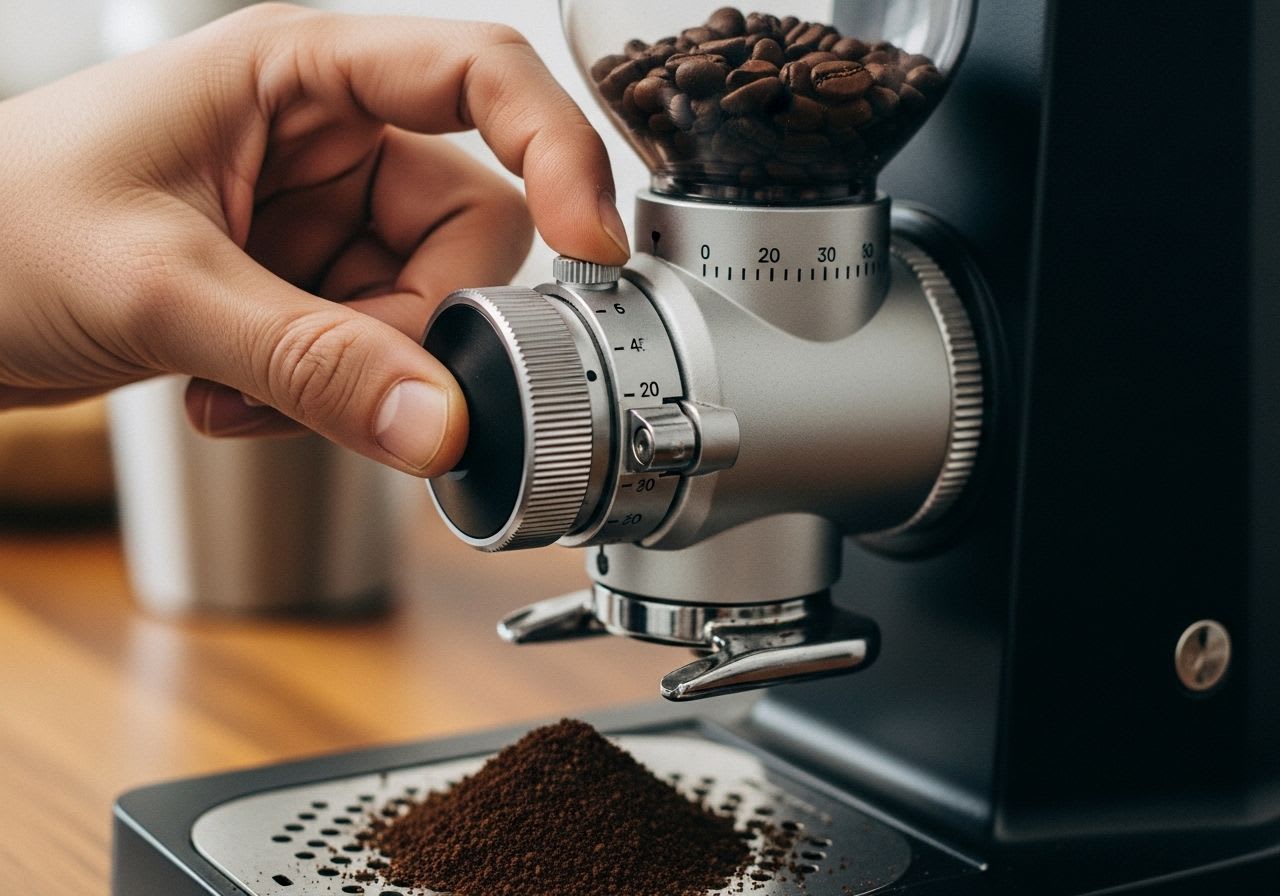 Nahaufnahme einer Hand, die den Mahlgrad an einer Kaffeemühle einstellt, um perfekten Kaffee zuzubereiten.